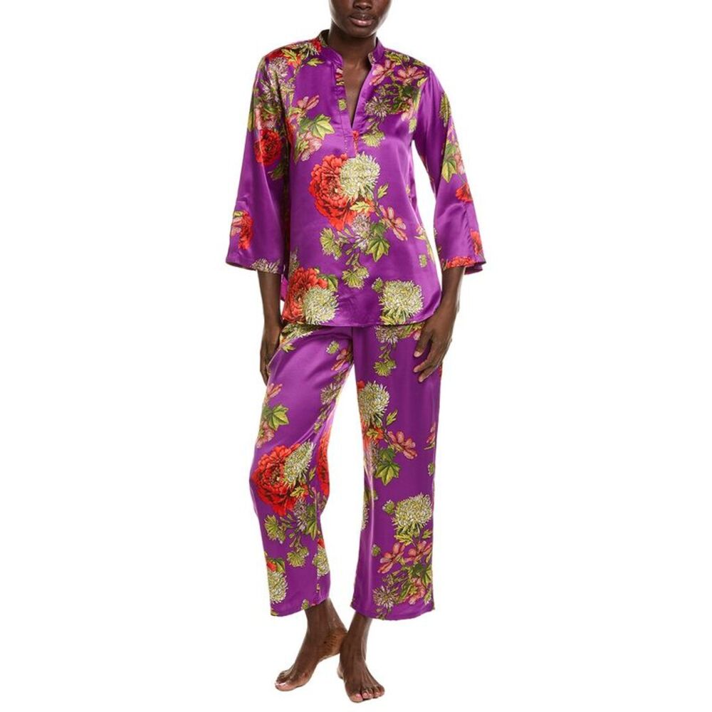 N Natori Womens 2Pc Crysanthe Printed Satin Mandarin Pajama Set, Purple